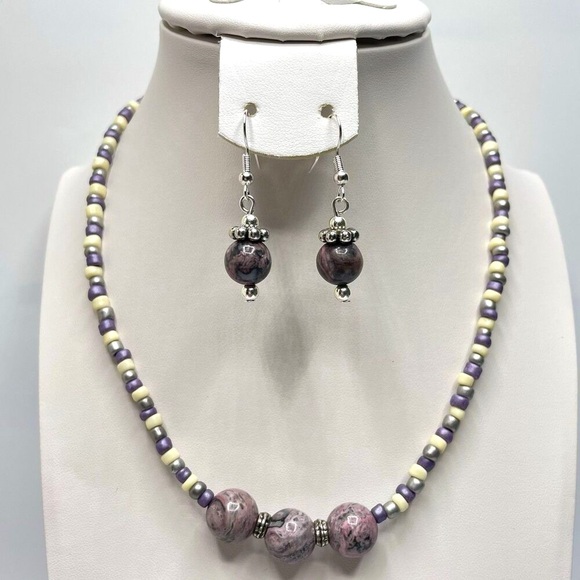 Artisan Purple Gray Jasper Gemstone Seed Bead Necklace Earrings Set Silver Tone - Picture 1 of 6
